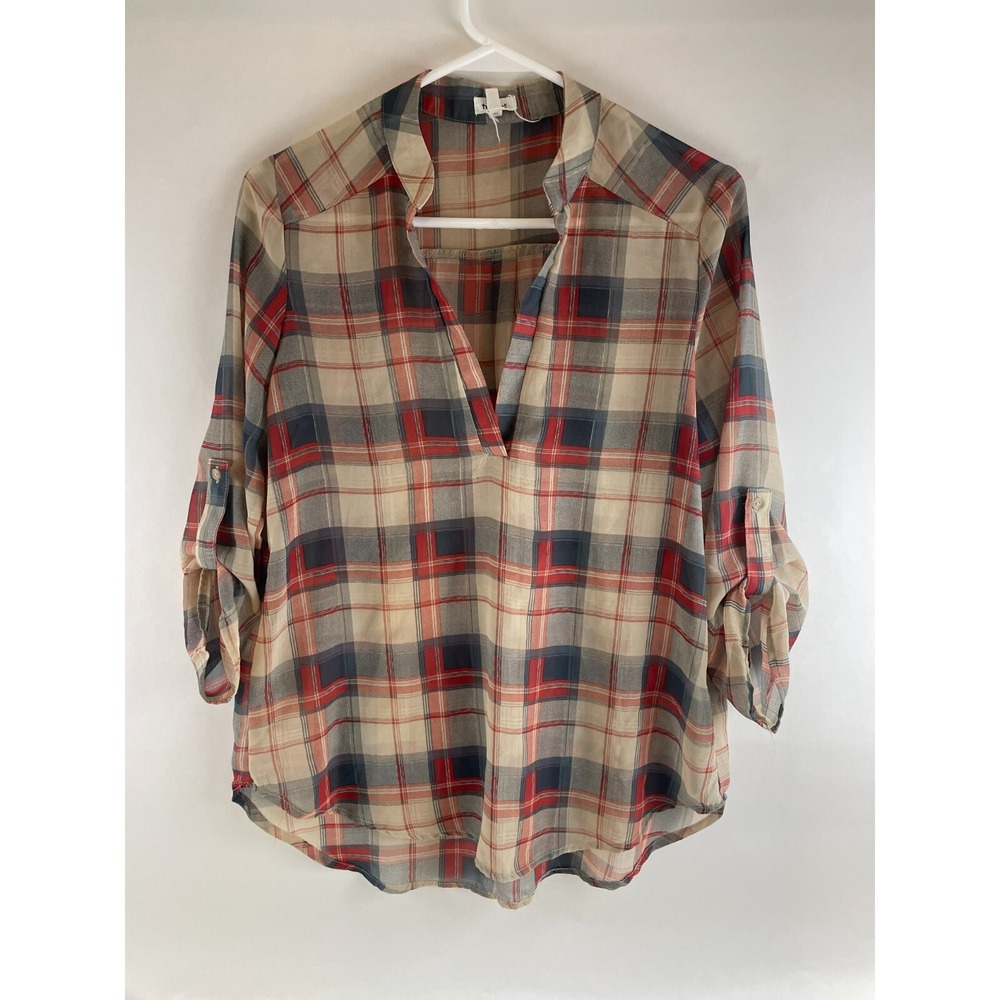 TeenBell Shirt Women's Size Medium Tan Red Blue Plaid 3/4 Sleeve Tabs Semi Sheer